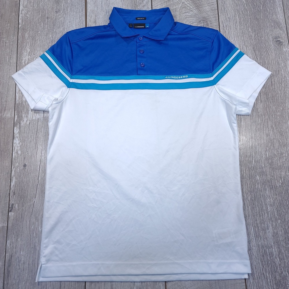 J.Lindeberg Polo Shirt Mens L Blue White Gustav Regular Fieldsensor Golf Top